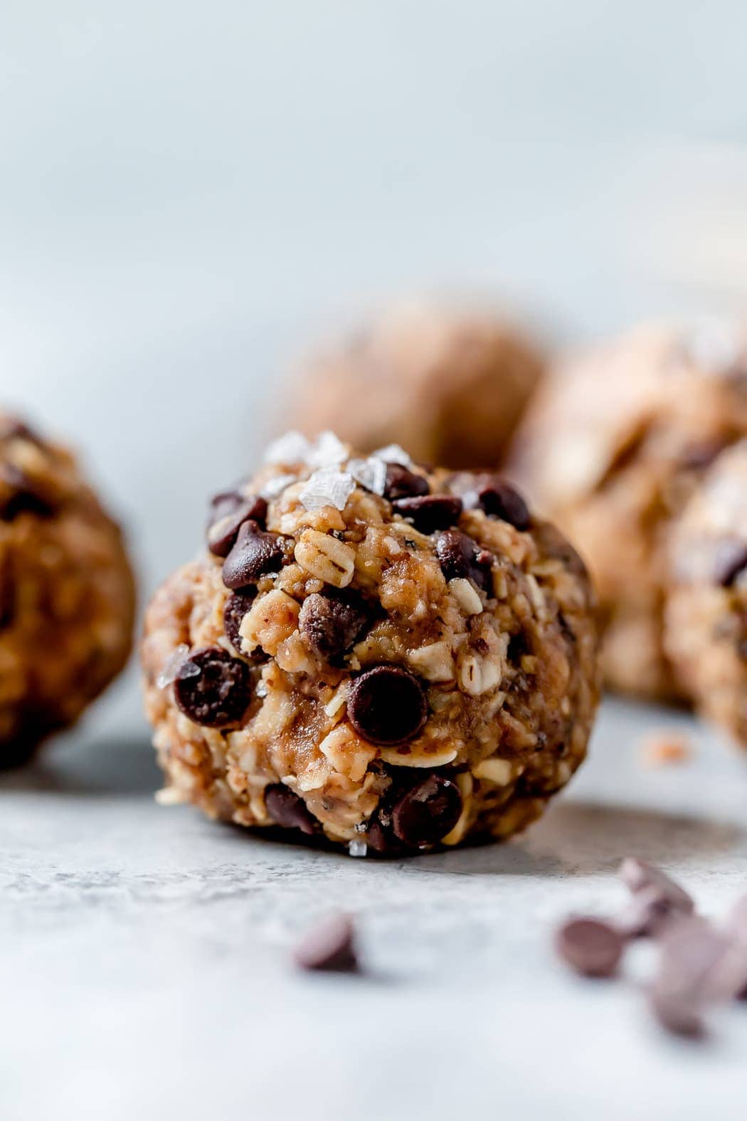 Chocolate chip energy bite with sea salt flakes on top