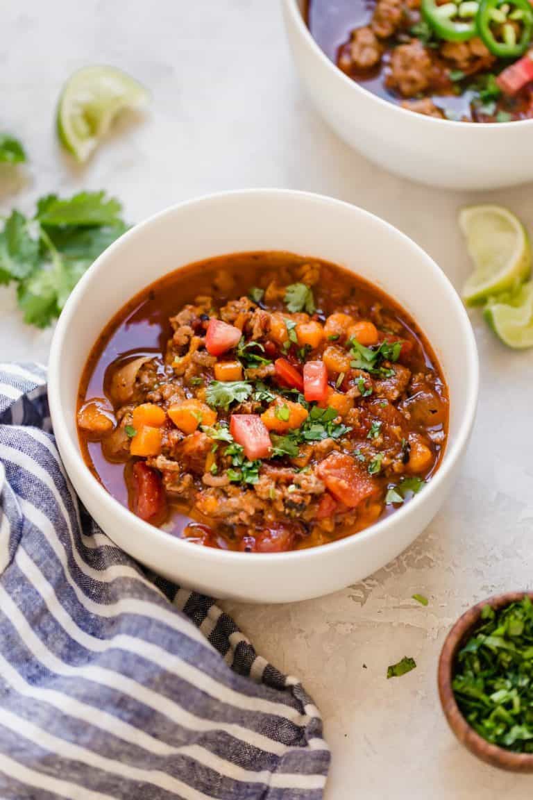 A bowl of hearty Chipotle Turkey Sweet Potato Chili. 