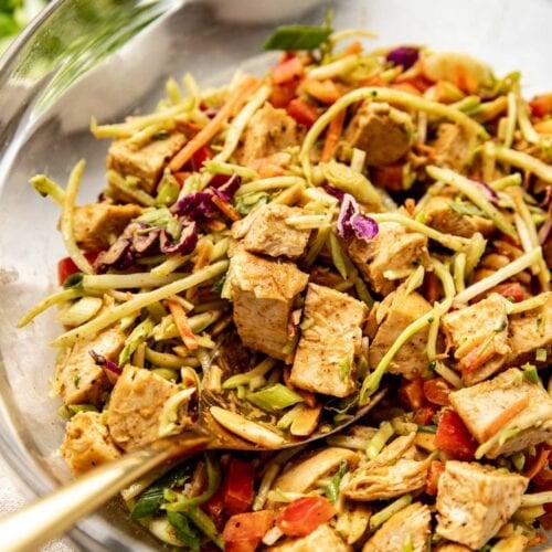 Overhead view of a bowl of Asian-Inspired Chicken Salad