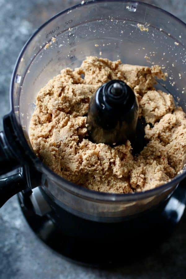 Photos of the cashews, nut butter and dates processes and ready to be formed into Nutty Cashew Bites.