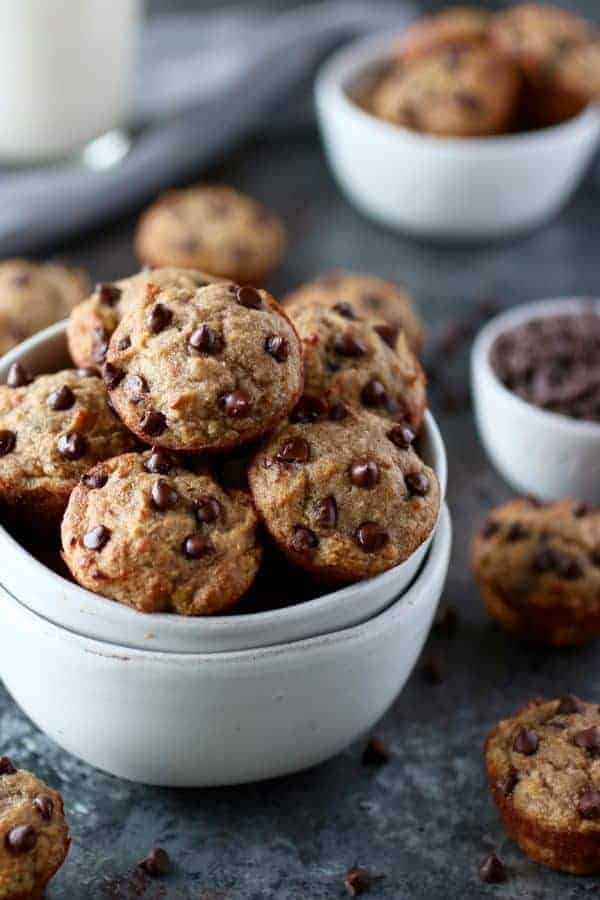 A bowl of mini banana chocolate chip muffins. 
