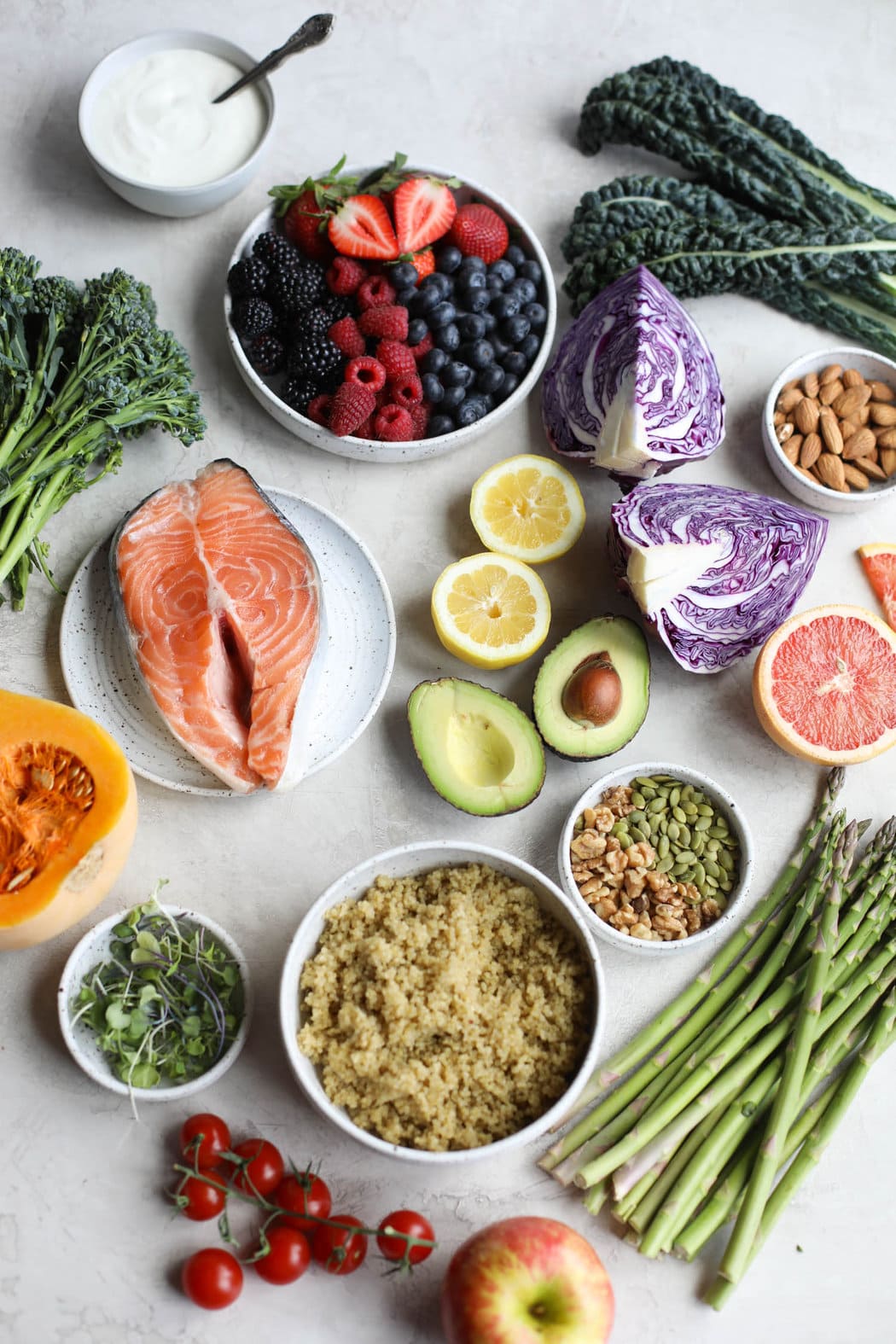 Overhead view of a variety of healthy foods