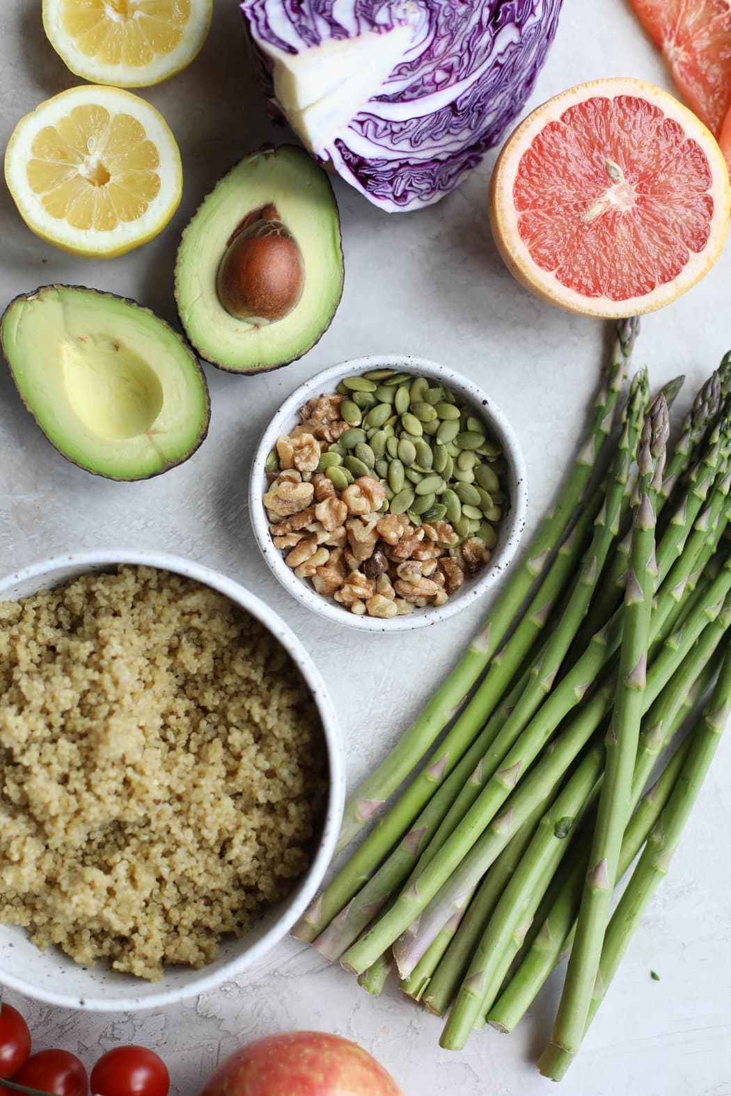 Overhead view of healthy foods on a countertop