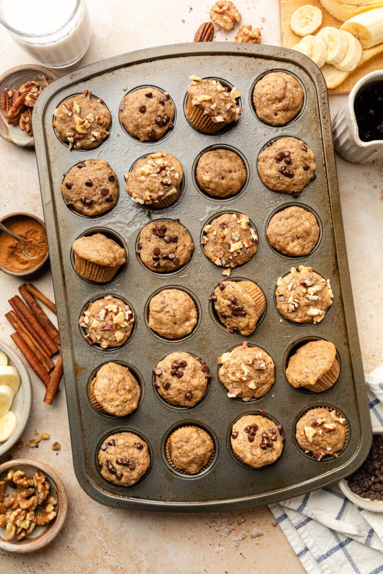 Mini Banana Muffins in a mini muffin metal pan.