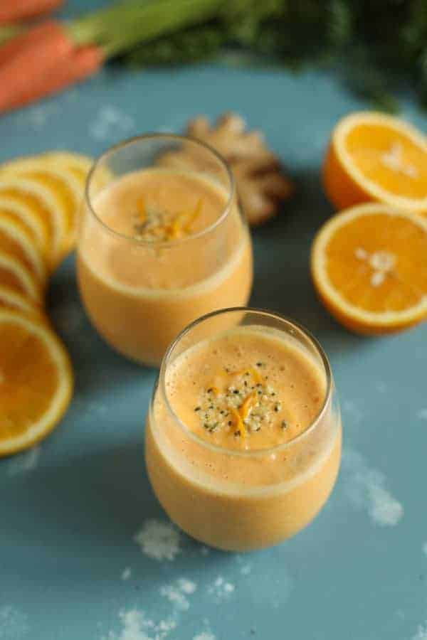 Sunrise Super Smoothie in two glasses on a table