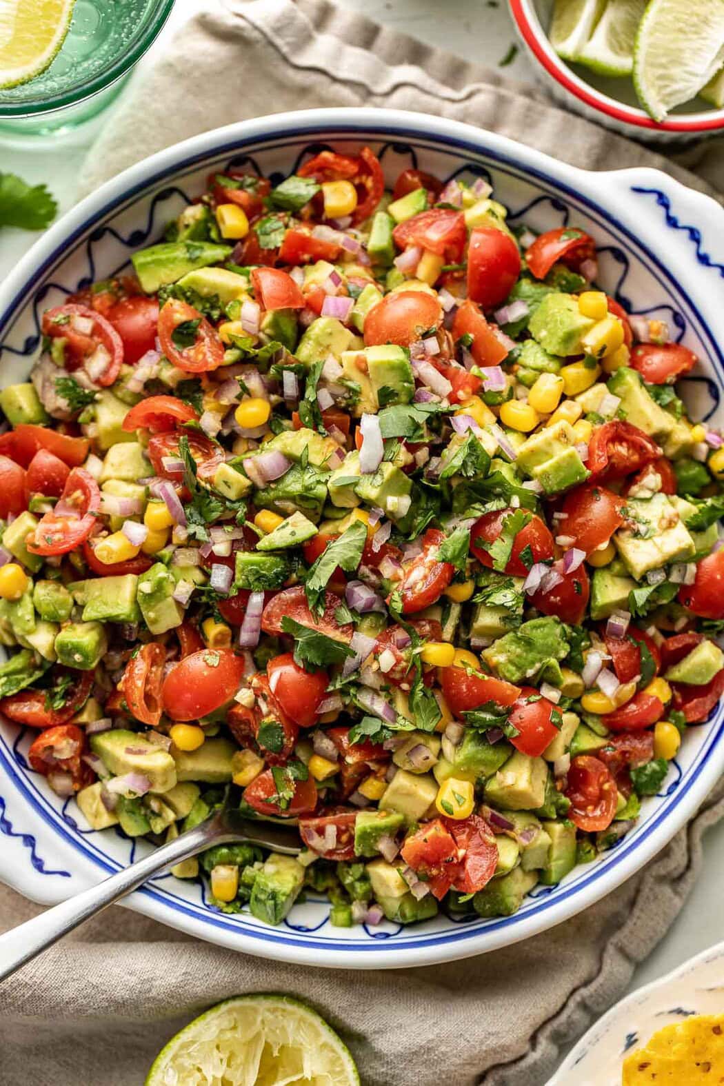 Overhead view of a bowl of colorful Avocado Salsa topped with fresh cilantro