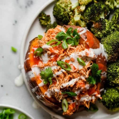 SLOW COOKER BUFFALO CHICKEN STUFFED SWEET POTATOES