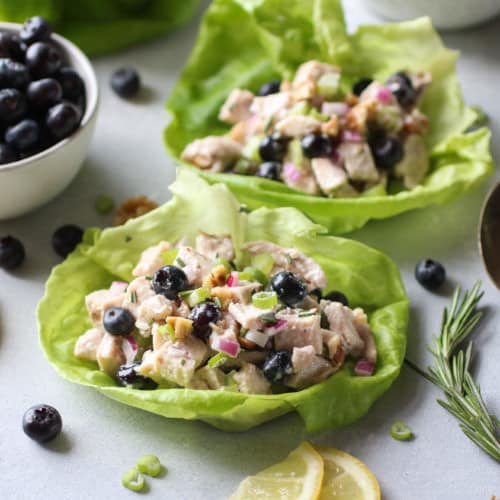 Close up view of 2 Blueberry Chicken Salad lettuce wraps