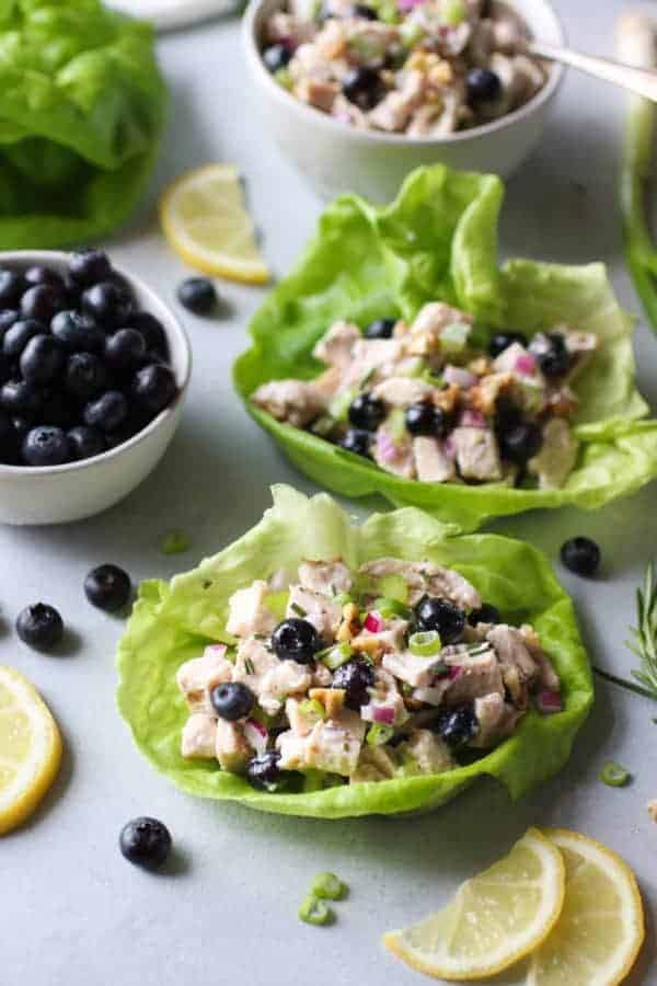 Blueberry Chicken Salad with Rosemary in lettuce wraps