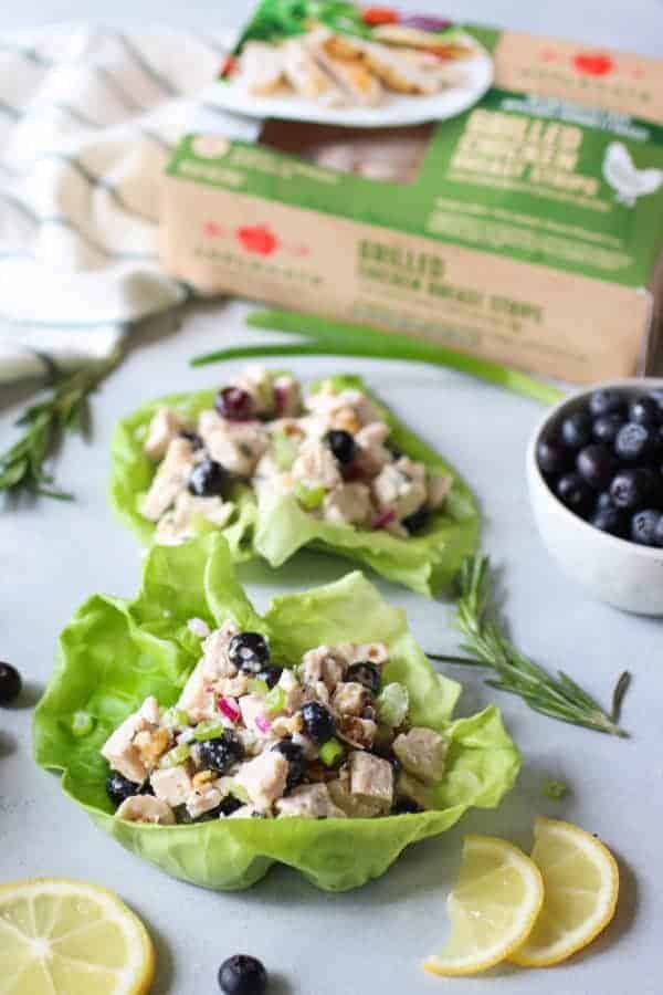 Blueberry Chicken Salad with Rosemary in lettuce wraps