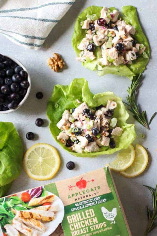 Blueberry Chicken Salad with Rosemary lettuce wraps with partial image of a box of Applegate Naturals Grilled Chicken