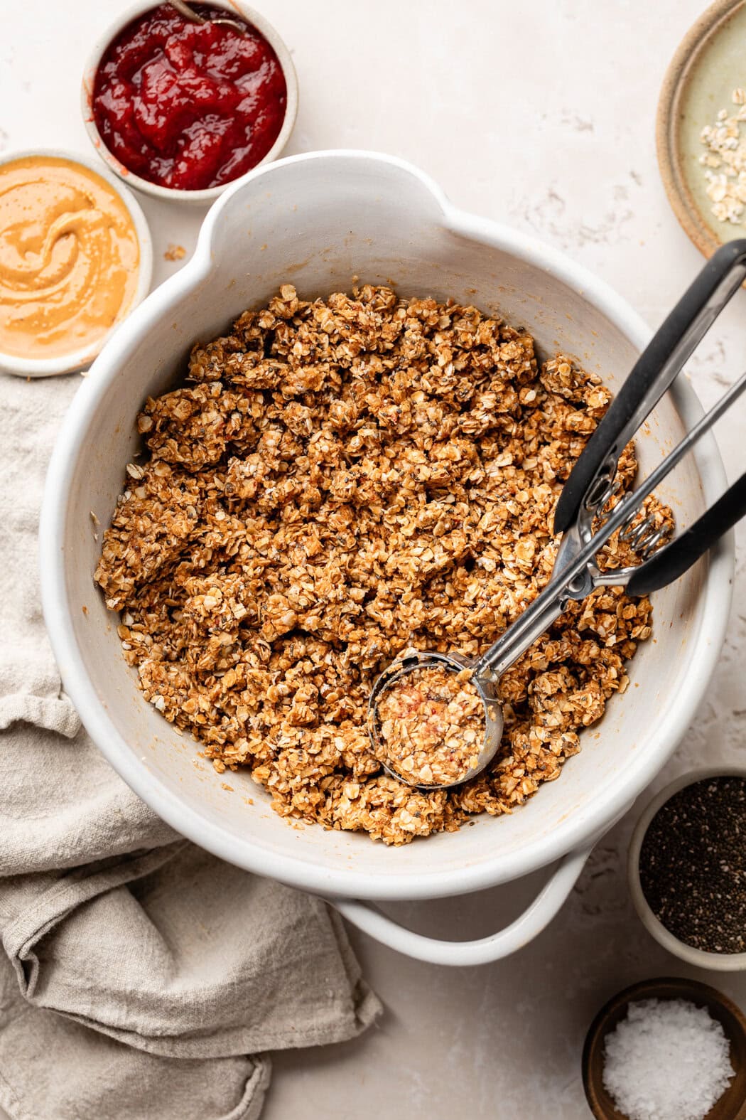 Overhead view of a bowl filled with No-Bake PB & J Bites mixture, ready for shaping into balls. 