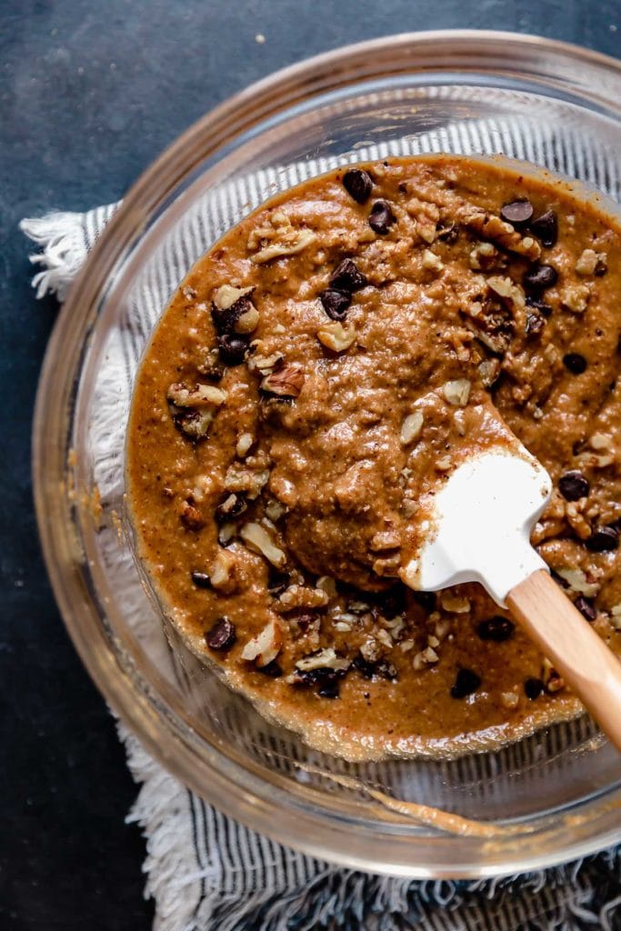 overhead view of a bowl of Grain-Free Sweet Potato Banana Nut Muffin batter