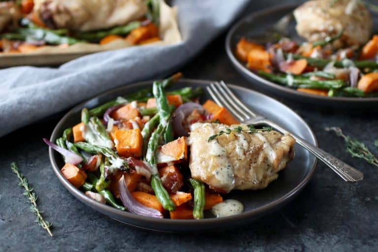 Grey plate with serving of chicken bacon ranch sweet potato bake