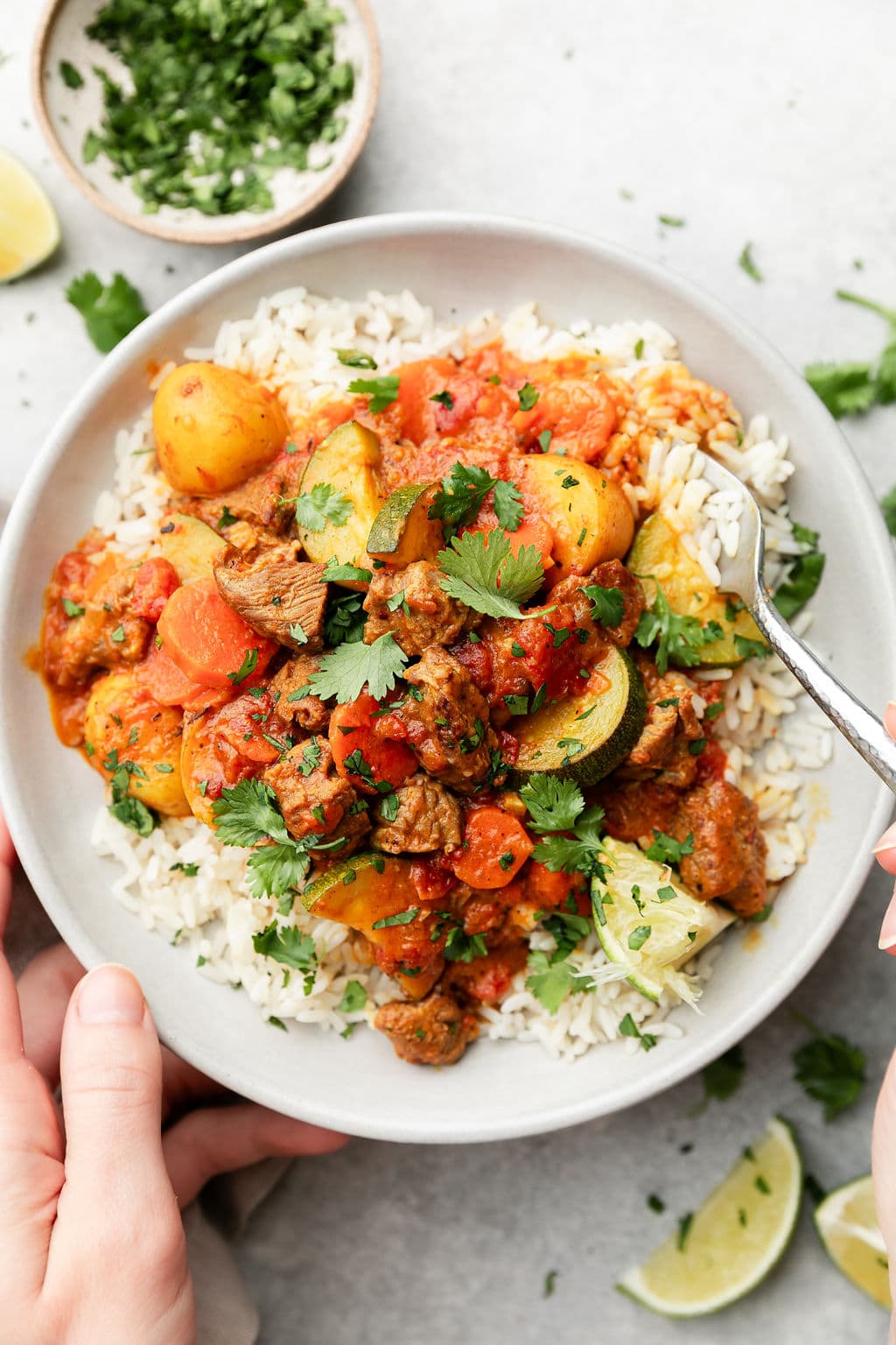 Overhead view white bowl filled with lamb curry served over rice topped with cilantro