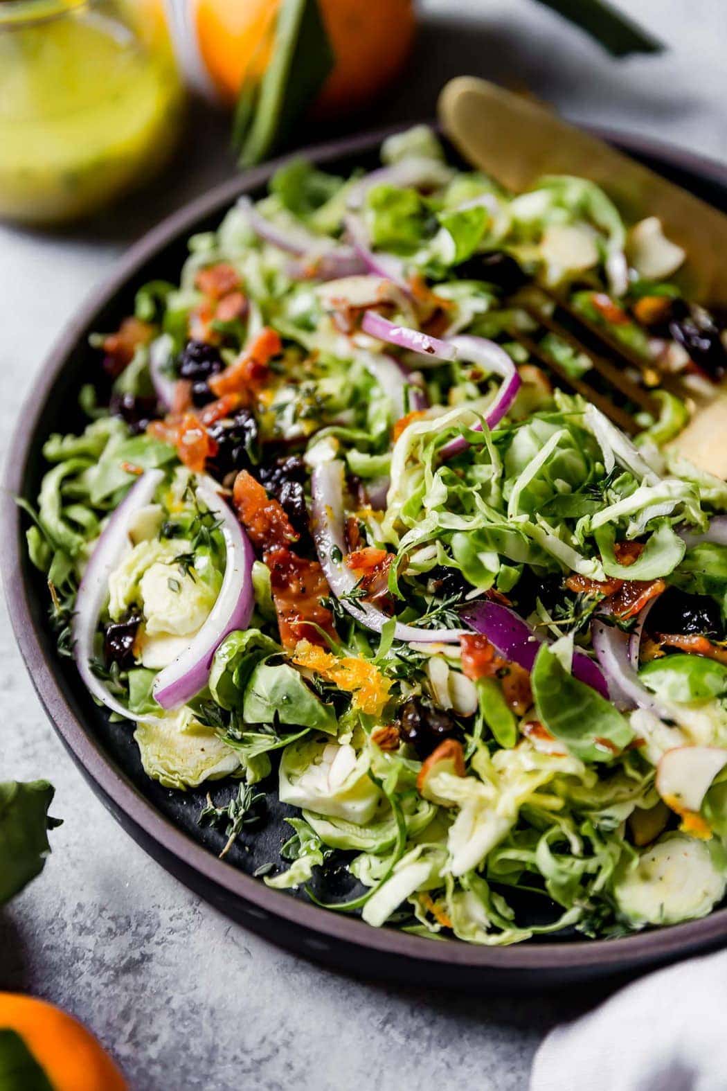 Close up view of a Brussels Sprouts Salad with Citrus Vinaigrette