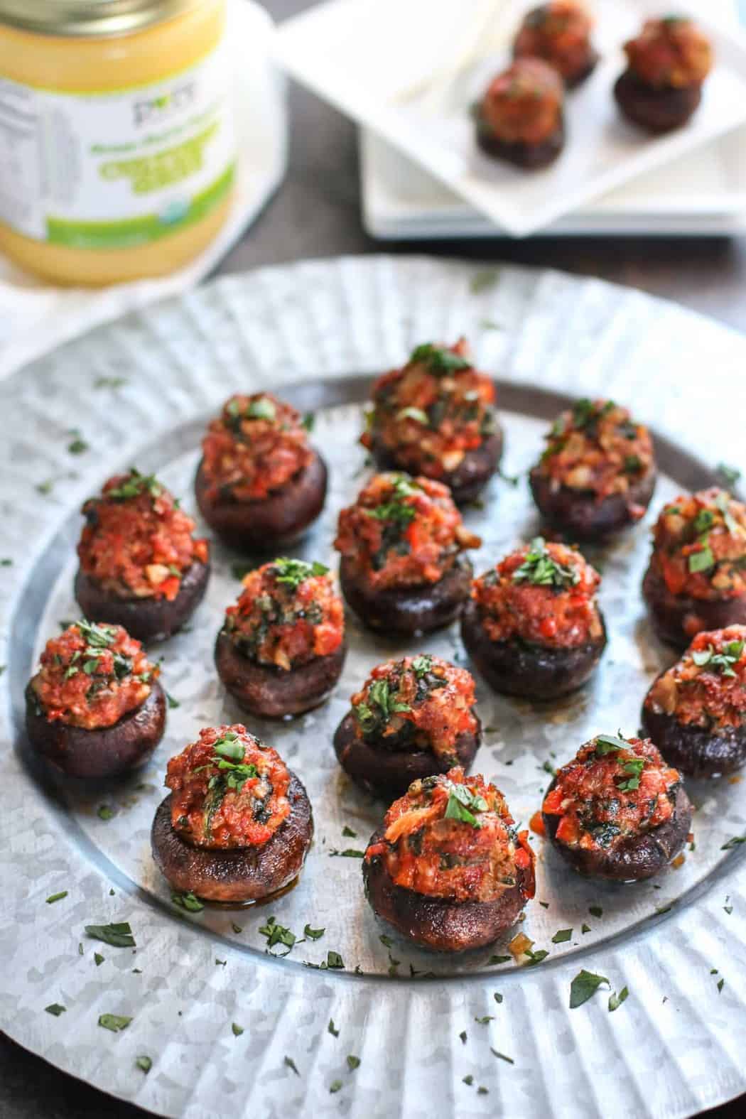 Chorizo Stuffed Mushrooms | whole30 appetizers | paleo appetizers | gluten-free appetizers | egg-free appetizers | healthy appetizer recipes | easy appetizer recipes || The Real Food Dietitians #healthyappetizers #whole30appetizers #glutenfreeappetizers