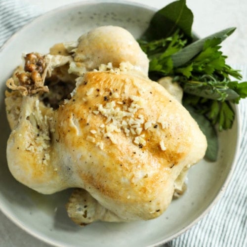 Instant Pot Whole Chicken on a white plate with fresh herbs on the side