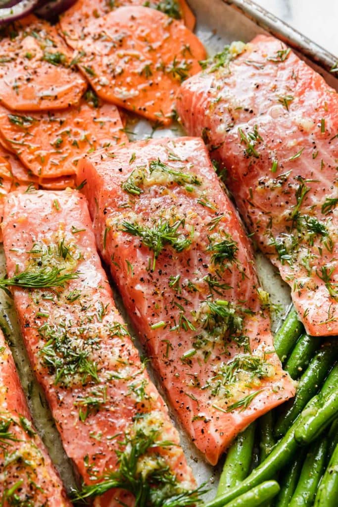 Close up view of Sheet Pan Baked Salmon 