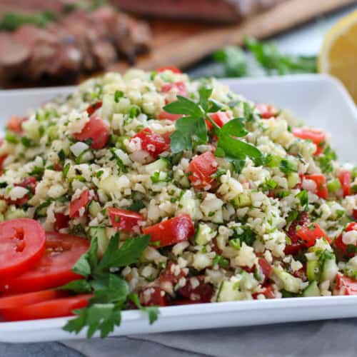 Cauliflower Tabbouleh Salad | The Real Food Dietitians | https://maryannjaacobsen.com/cauliflower-tabbouleh-salad/