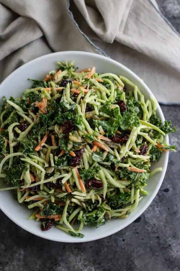 Overhead view of a bowl of Creamy Broccoli Slaw 