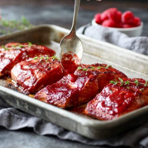 Raspberry Balsamic Glazed Salmon (Whole30) | The Real Food Dietitians | https://maryannjaacobsen.com/raspberry-balsamic-glazed-salmon-whole30/