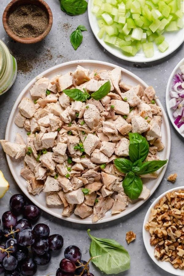 Overhead view of a plate of diced chicken