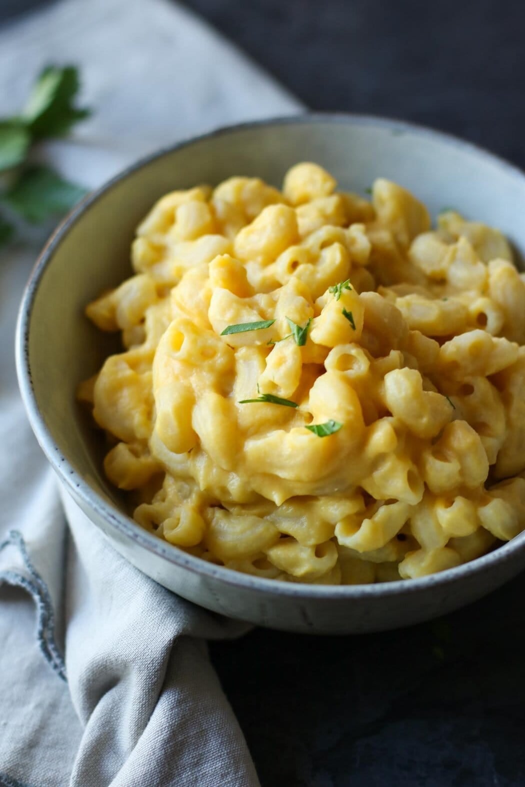 A bowl of tender elbow macaroni noddles smothered in a dairy-free cheese sauce made without nuts or tofu.