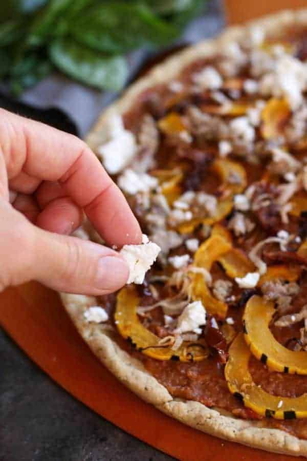 Grain-free Pizza with Sausage and Roasted Squash | healthy pizza recipes | homemade pizza recipes | gluten-free pizza | egg-free pizza | paleo pizza | dairy-free pizza | fall inspired recipes | roasted squash recipes || The Real Food Dietitians #healthypizza #paleopizza #grainfreepizza