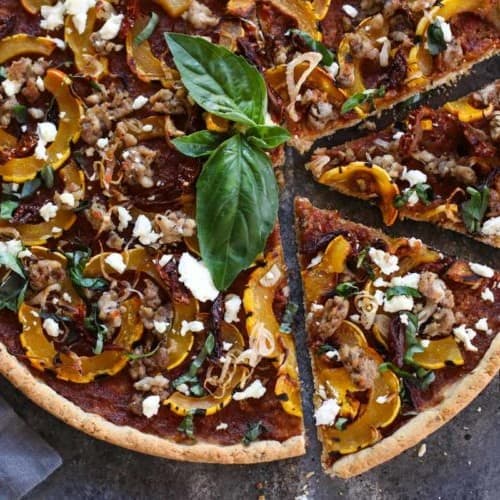 Grain-free Pizza with Sausage and Roasted Squash | The Real Food Dietitians | https://maryannjaacobsen.com/grain-free-squash-sausage-roasted-squash/