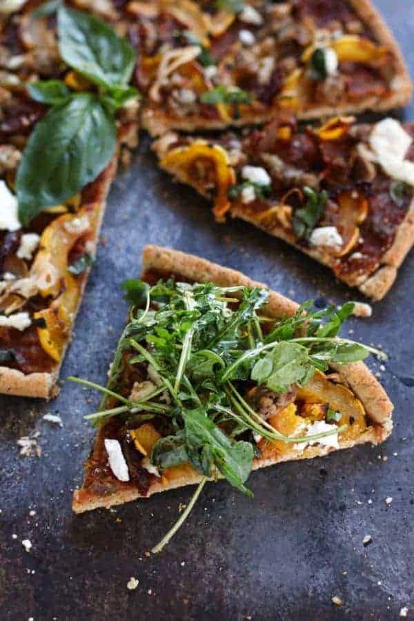 Grain-free Pizza with Sausage and Roasted Squash | healthy pizza recipes | homemade pizza recipes | gluten-free pizza | egg-free pizza | paleo pizza | dairy-free pizza | fall inspired recipes | roasted squash recipes || The Real Food Dietitians #healthypizza #paleopizza #grainfreepizza