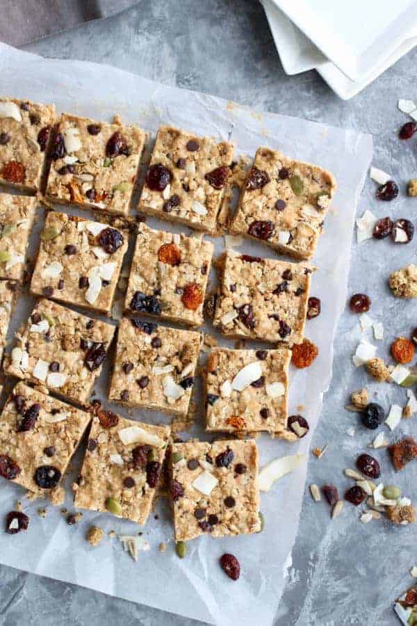 Homemade granola bars on parchment paper. 