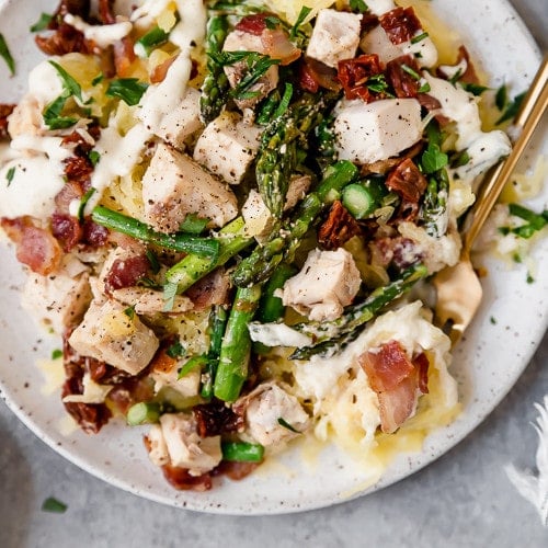 Creamy Chicken Spaghetti Squash with Bacon and Asparagus