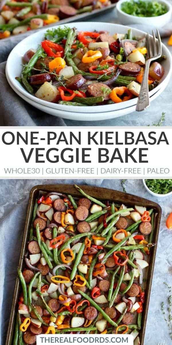 Pinterest image for One-Pan Kielbasa Veggie Bake with Potatoes