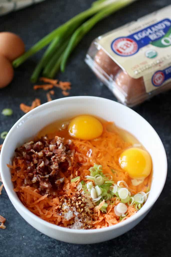 Savory Sweet Potato Bacon Waffle ingredients in a bowl