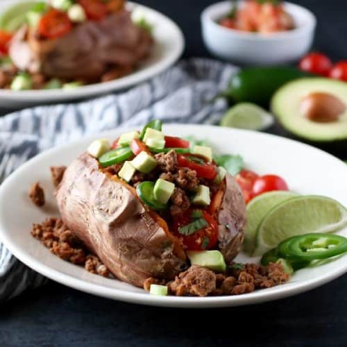 A plate of a Taco-Stuffed Sweet Potato