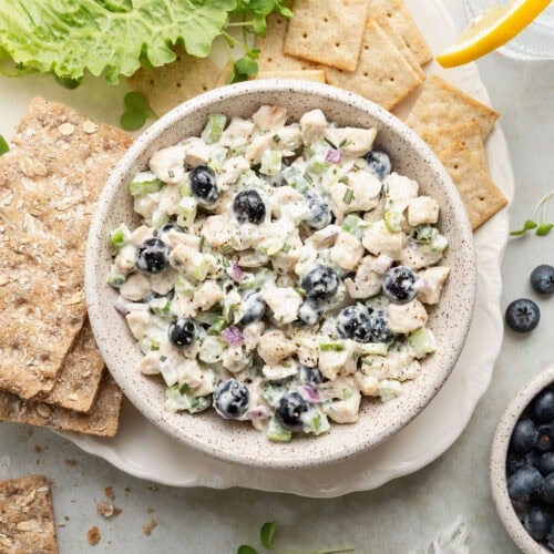 Overhead view of a bowl of Blueberry Chicken Salad surrounded by crackers.