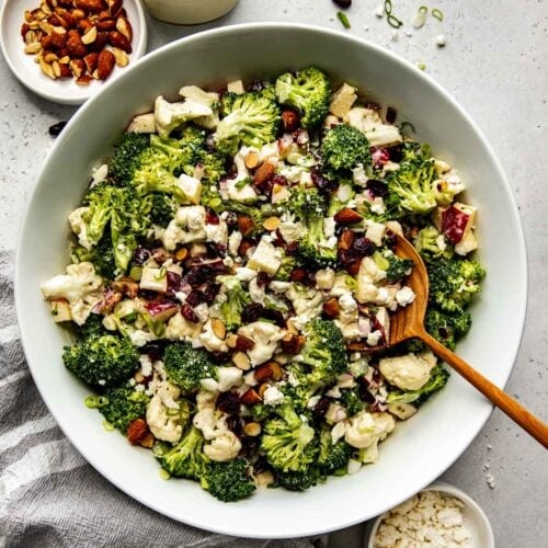 Apple Broccoli Cauliflower Salad with Lemon dressing served in large bowl