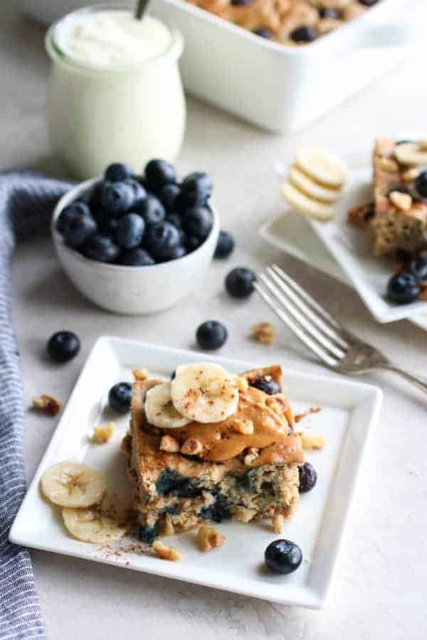 Blueberry Banana Walnut Muffin Bar on a white plate