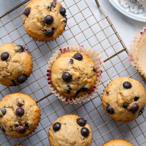 Overhead view of a several banana blueberry muffins on a cooling rack.