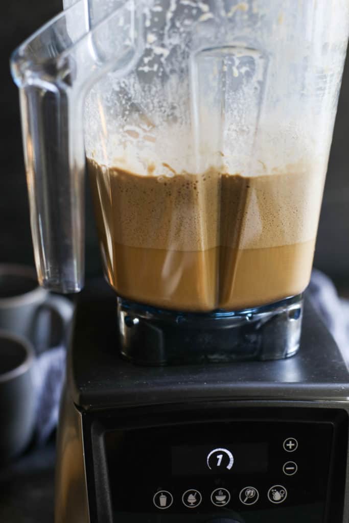 Close up of Snickerdoodle Cashew Coffee in a blender