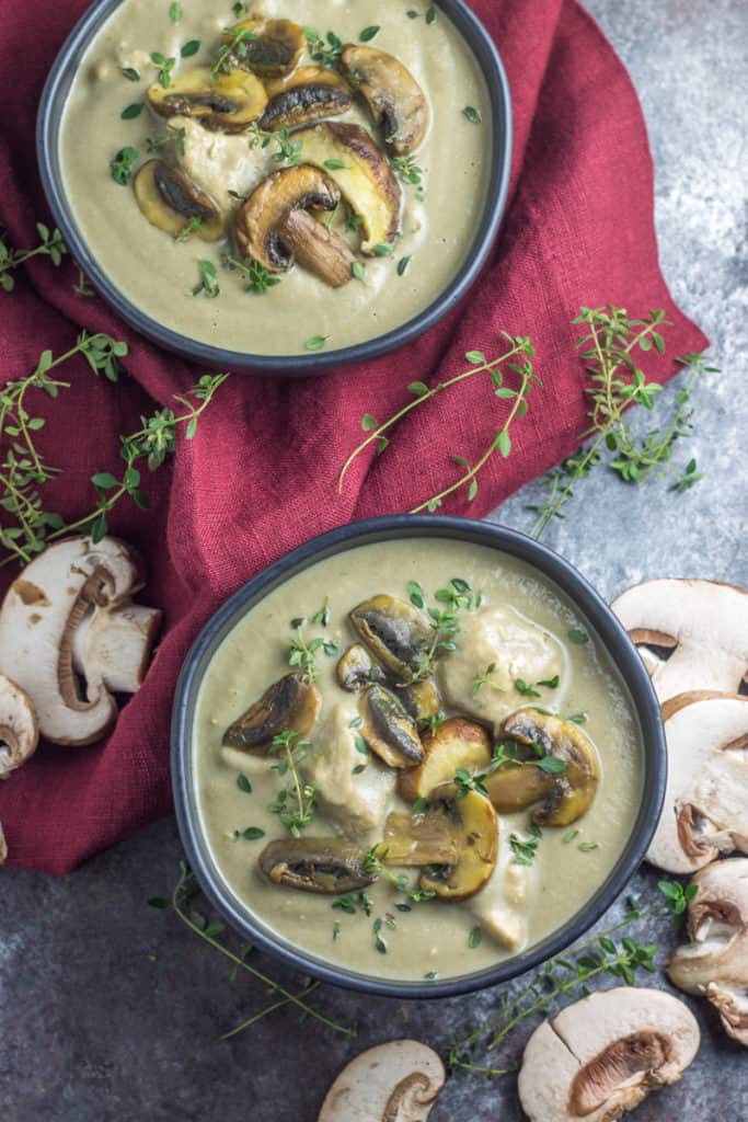 Aerial view of Whole30 Creamy Mushroom Chicken Soup