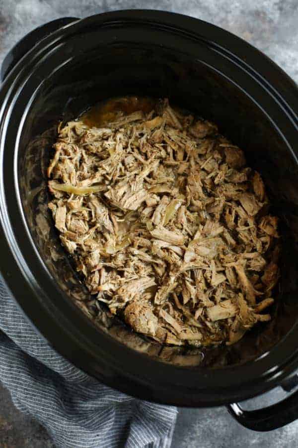 Overhead view of Slow Cooker filled with Citrus Herb Pork