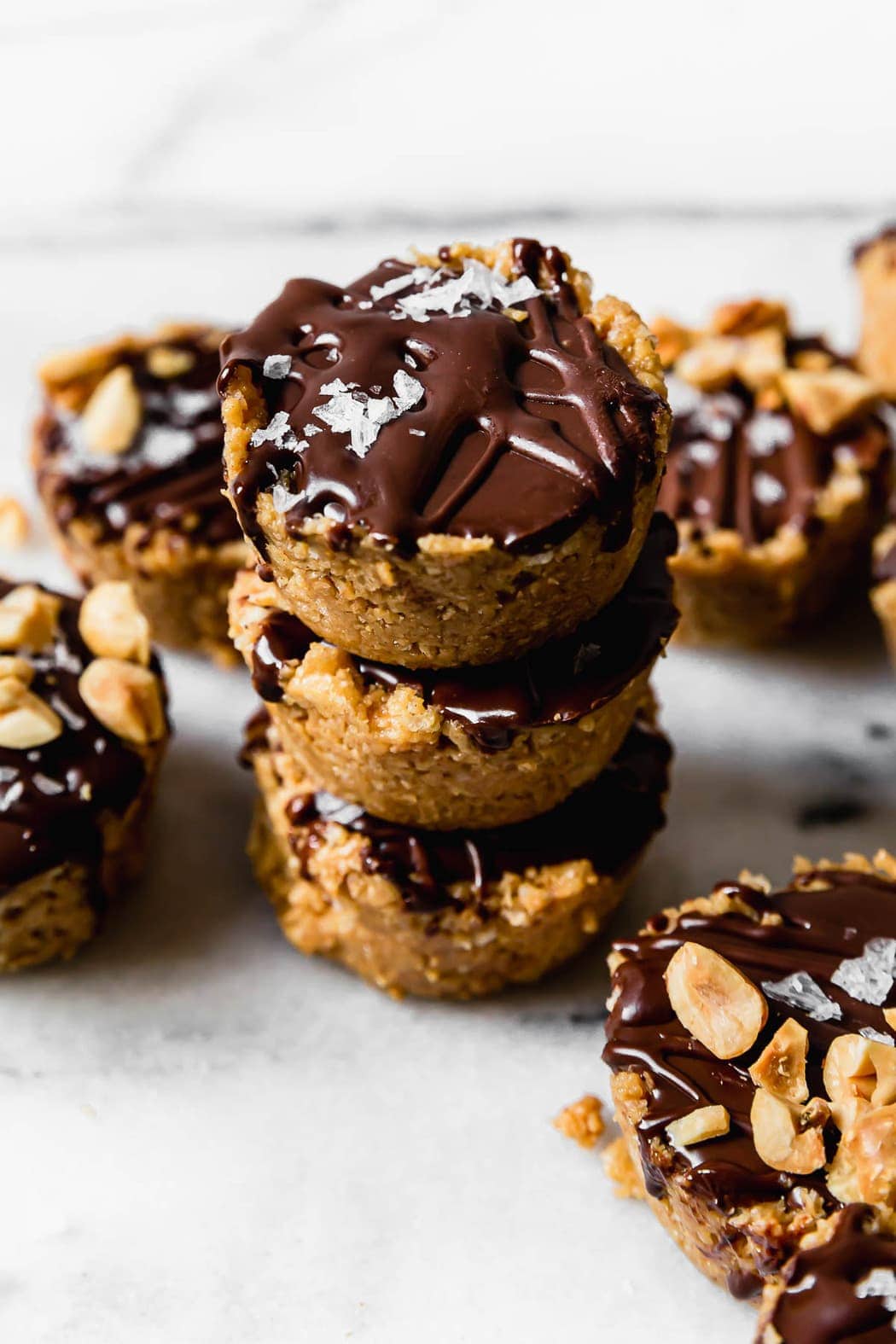 Three 4-Ingredient Scotcheroo Bites stacked with sea salt on top.