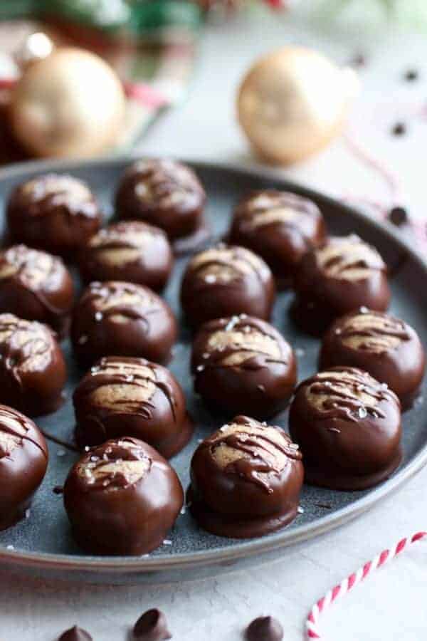 Healthy Buckeyes (Peanut Butter Balls) on a tray