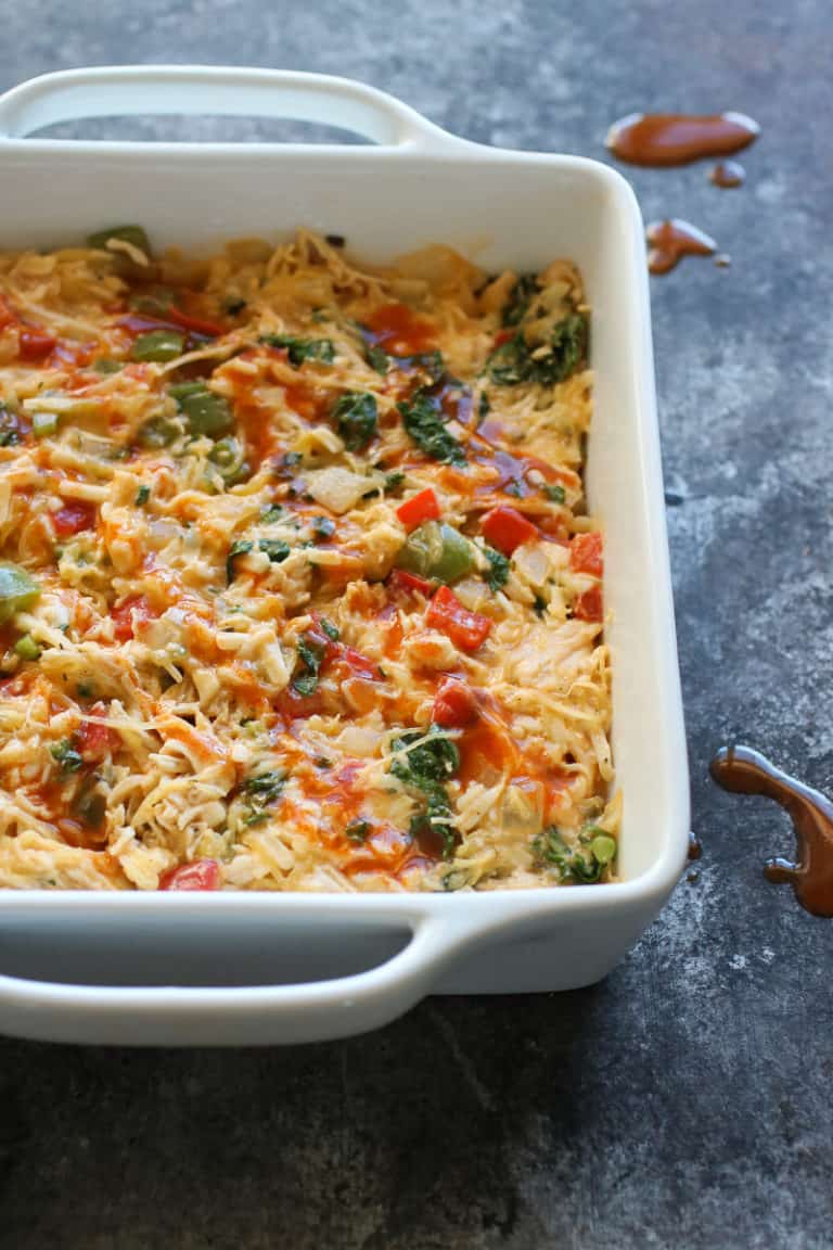 Buffalo Chicken Bake with spaghetti squash  topped with buffalo sauce. 