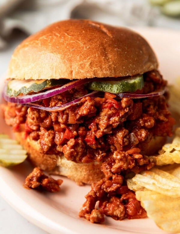 A side view of a sloppy joe in a bun on a plate