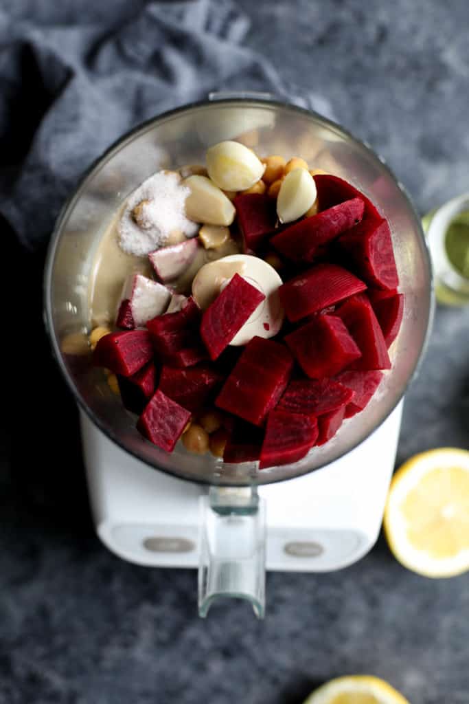 Beet Hummus ingredients in a food processor