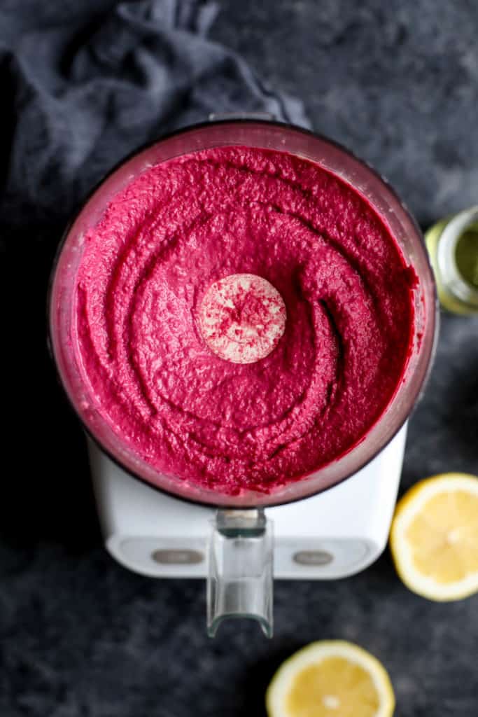 Blended Beet Hummus in a food processor