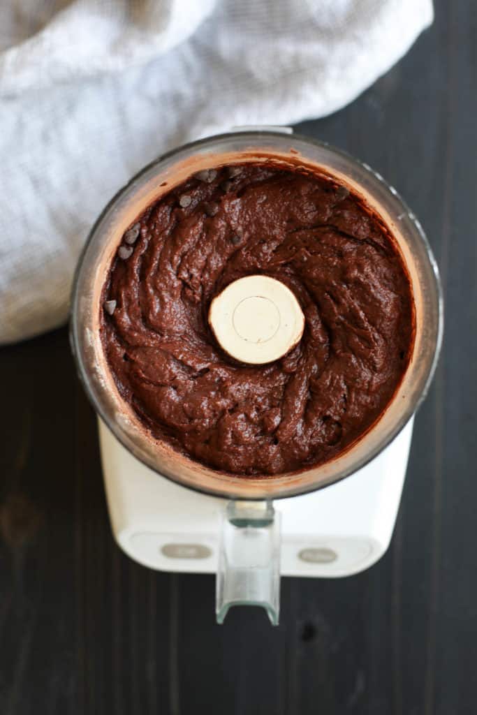 Overhead view of a food processor filled with Paleo Double Chocolate Beet Brownie batter